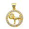 Brass Micro Pave Clear Cubic Zirconia Pendants, Cadmium Free & Nickel Free & Lead Free, Light Gold, Flat Round with 12 Constellations, Aries, 18.5x16x3~4mm, Hole: 3.5x5mm