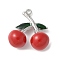 Brass Enamel Pendants, Rack Plating, Long-Lasting Plated, Cherry Charm, Platinum, 21x19x9mm, Hole: 1.5mm