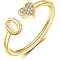 Adjustable Brass Rhinestone Cuff Rings, Letter & Heart, Golden, Letter O, Inner Diameter: 15~20mm