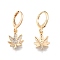 Clear Cubic Zirconia Maple Leaf Dangle Leverback Earrings, Brass Jewelry for Women, Cadmium Free & Nickel Free & Lead Free, Real 18K Gold Plated, 27mm, Pin: 1mm