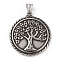 304 Stainless Steel Pendants, with 201 Stainless Steel Snap on Bails, Flat Round with Tree Charms, Antique Silver, 42.5x38x4mm, Hole: 8.5x5mm