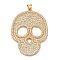 Brass Micro Pave Cubic Zirconia Pendants, Skull Charms, Rack Plating, Lasting Plated, Cadmium Free & Lead Free, Real 18K Gold Plated, Clear, 45.5x33x2mm, Hole: 3.5x4.5mm