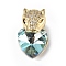 Real 18K Gold Plated Rack Plating Brass Micro Pave Clear Cubic Zirconia Pendants, with Glass, Long-Lasting Plated, Cadmium Free & Lead Free, Leopard with Heart Charm, Cyan, 20x12x10.5mm, Hole: 5x4mm