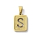 304 Stainless Steel Alphabet Pendants, Real 18K Gold Plated, Rectangle Charm, Letter S, 17.5x12x2mm, Hole: 7.5x3.5mm