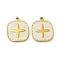 Ion Plating(IP) 316L Surgical Stainless Steel Pendants, Nickel Free, with Enamel, Real 18K Gold Plated, Square with Cross Charm, White, 16x14x1.5mm, Hole: 1.4mm