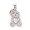 Brass Cubic Zirconia Pendants, Cadmium Free & Lead Free, Platinum, Bear with Heart Charms, Clear, 26x15x10mm, Hole: 4x4.5mm