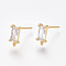 Brass Stud Earring Findings, Cubic Zirconia and Loop, Nickel Free, Real 18K Gold Plated, Rectangle, Clear, 8.5x4mm, Hole: 0.8mm, Pin: 0.8mm