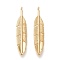 Brass Pendants, Long-Lasting Plated, Feather, Real 18K Gold Plated, 33x6.5x1.5mm, Hole: 1.4mm