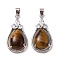 Natural Tiger Eye Pendants, Rack Plating Platinum Tone Brass Teardrop Charms with Crystal Rhinestone, Cadmium Free & Lead Free, 35x19x8mm, Hole: 7.5x4.5mm