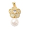 Rack Plating Brass Micro Pave Cubic Zirconia Pendant, with Plastic Bead, Long-Lasting Plated, Cadmium Free & Lead Free, Flower, Real 18K Gold Plated, 30x15x10mm, Hole: 4x3.5mm