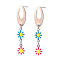 Oval with Flower Enamel Long Dangle Stud Earrings, Stainless Steel Color Plated 304 Stainless Steel Jewelry for Women, Deep Sky Blue, 44x9.5mm, Pin: 0.8mm