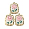 304 Stainless Steel Enamel Pendants, with ABS Plastic Imitation Pearl Beads, Ion Plating(IP), Flower, Golden, Rectangle, 26x18.5x4.5mm, Hole: 1.6mm