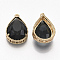 Faceted Glass Pendants, with Golden Tone Brass Open Back Settings, Teardrop, Black, 23x15.5x6.5mm, Hole: 1.5mm