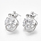 Brass Stud Earrings, with Cubic Zirconia, Mouse, Nickel Free, Real Platinum Plated, 17x12.5mm, Pin: 0.8mm