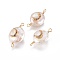 Natural Pearl Links connectors, with Cubic Zirconia and Brass Findings, Flat Round with Moon, Golden, Colorful, 19~23x10~12x6~9mm, Hole: 1.6mm