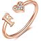 Adjustable Brass Rhinestone Cuff Rings, Letter & Heart, Rose Gold, Letter F, Inner Diameter: 15~20mm