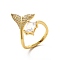 Clear Cubic Zirconia Whale Tail Shape Open Cuff Ring, Brass Jewelry for Women, Real 18K Gold Plated, Cadmium Free & Nickel Free & Lead Free, US Size 6(16.5mm)