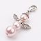 Alloy Pendants, with Brass Lobster Claw Clasps and Glass Pearl, Angel, Antique Silver, Pink, 47mm