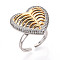 Brass Micro Pave Cubic Zirconia Adjustable Open Cuff Rings for Women, Cadmium Free & Lead Free, Heart, Real Gold Plated & Real Platinum Plated, Adjustable, 24.5x25.5mm