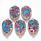 Synthetic Imperial Jasper Links connectors, with Light Gold Plated Brass Edge and Iron Loops, Teardrop, Hot Pink, 48~50x28~30x5.5mm, Hole: 2mm