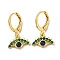 Real 18K Gold Plated Brass Dangle Leverback Earrings, with Glass, Evil Eye, Green, 21.5x13mm