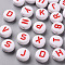 Opaque White Acrylic Beads, with Enamel, Horizontal Hole, Flat Round with Random Initial Letter, Red, 9.5x4.5mm, Hole: 2mm, 1580pcs/500g
