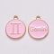 Alloy Enamel Pendants, Cadmium Free & Lead Free, Flat Round with Constellation, Light Gold, Pink, Gemini, 15x12x2mm, Hole: 1.5mm