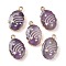 Natural Amethyst Oval Pendants, Golden Plated Brass Oval Charms with Star, 22~22.5x13~13.5x4.5mm, Hole: 1.6~1.8mm