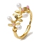 Leaf Natural Pearl & Natural Tourmaline Adjustable Rings, Sterling Silver Finger Rings for Women, Real 18K Gold Plated, Inner Diameter: 18mm