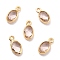 Eco-Friendly Brass with Glass Pendants,  Long-Lasting Plated, Lead Free & Cadmium Free & Nickel Free, Oval, Real 18K Gold Plated, Peru, 9x4.5x2mm, Hole: 1.2mm
