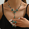 Flower Brass Rhinestone Pendant Necklaces & Stud Dangle Earrings, Golden, Emerald, 420mm
