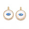 Brass Micro Pave Cubic Zirconia Pendants, Cadmium Free & Nickel Free & Lead Free, Flat Round with Evil Eye, with Shell & Enamel & ABS Imitation Pearl, Real 18K Gold Plated, 25x22x4mm, Hole: 5x2mm