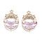 Faceted Transparent Glass Pendants, with Brass Crystal Rhinestone Findings, Flat Round with Star, Light Gold, Pink, 21x15x5mm, Hole: 1.4mm