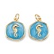 Brass Enamel Pendants, with Jump Rings, Long-Lasting Plated, Flat Round with Sea Horse, Deep Sky Blue, Real 18K Gold Plated, 17x14.5x2.5mm, Hole: 3.5mm