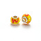 Handmade Lampwork European Beads, Large Hole Rondelle Beads, with Platinum Tone Brass Double Cores, with Alphabet Pattern W, Yellow, 14~16x9~10mm, Hole: 5mm