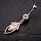 Brass Cubic Zirconia Navel Ring, Belly Rings, with 304 Stainless Steel Bar, Cadmium Free & Lead Free, Real 18K Gold Plated, Horse Eye, Clear, 50x13mm, Bar: 15 Gauge(1.5mm), Bar Length: 3/8