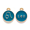 Alloy Enamel Pendants, Cadmium Free & Lead Free, Flat Round with Constellation, Light Gold, Dark Cyan, Leo, 15x12x2mm, Hole: 1.5mm