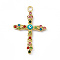 PVD Vacuum Plating 201 Stainless Steel Enamel Pendants, with Rhinestone, Real 18K Gold Plated, Cross with Evil Eye Charms, Colorful, 40x26.5x4mm, Hole: 2.7mm