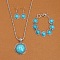 Flat Round Alloy with Synthetic Turquoise Pendant Necklaces & Dangle Earrings & Link Bracelets Sets, Antique Silver, Dark Turquoise, 19.29 inch(490mm)