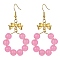 Imitation Jade Glass Beaded Ring Dangle Earrings, Golden Alloy Bowknot Long Drop Earrings, Pearl Pink, 63x32mm