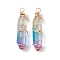 2Pcs 2 Style Two Tone Glass Double Terminated Point Beads Pendants Set, Moon & Star Golden Copper Wire Wrapped Charms, Orchid, 38~39x10x18mm, Hole: 3mm, 1Pc/style