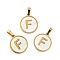 PVD Vacuum Plating 304 Stainless Steel with White Shell Pendants, Golden, Flat Round with Letter Charm, Letter.F, 18x16x1.5mm, Hole: 3x6mm