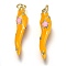 Brass Enamel Pendants, Long-Lasting Plated, Real 18K Gold Plated, Horn of Plenty, Italian Horn Cornicello, Goldenrod, 26x6x6mm, Hole: 3.3mm