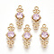 Golden Tone Brass Links Connectors, Nickel Free, with Glass, Rhombus, Pearl Pink, 16x6.5x3.5mm, Hole: 1mm