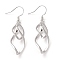 Brass Dangle Earrings, Twist Rhombus, Platinum, 51mm, Pin: 0.6mm