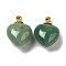 Natural Green Aventurine Perfume Bottle Pendants, Heart Charms with Golden Plated 304 Stainless Steel Findings, 28x20x12mm, Hole: 2mm