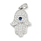 Brass Micro Pave Cubic Zirconia Pendants, Hamsa Hand Charms, Lead Free & Cadmium Free, Long-Lasting Plated, Rack Plating, Platinum, 22.5x15.5x3.5mm, Hole: 4x2mm