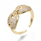 Brass Micro Pave Clear Cubic Zirconia Cuff Rings, Open Rings, Cadmium Free & Nickel Free & Lead Free, Oval, Real 16K Gold Plated, US Size 7 1/4(17.5mm)