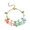 Flower & Leaf & Imitation Pearl Glass Charm Bracelet, with Golden Brass Bar Link Chains for Women, Colorful, 7-1/4 inch(18.5cm)
