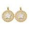 Brass Micro Pave Cubic Zirconia Pendants, Cadmium Free & Lead Free, with Shell, Flat Round with Star, Real 18K Gold Plated, 27x24x3.5mm, Hole: 4x3.5mm